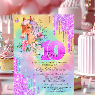 Invitation Glitter Drips Pony Tie Dye 10e Anniversaire