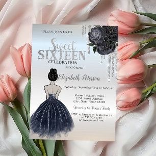 Invitation Glitter Drips, Robes Roses Fleur Bleu Foncé Sweet