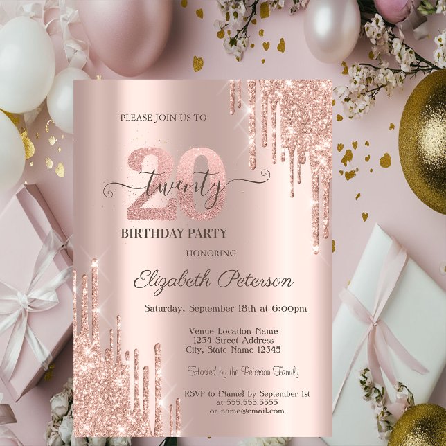Invitation Glitter Drips Rose Gold 20th Birthday Party (Créateur téléchargé)