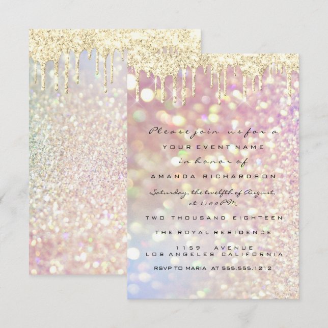 Invitation Glitter Drips Rose Gold Mariage Douze Luxe (Devant / Derrière)