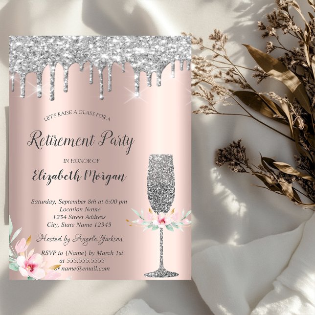Invitation Glitter Drops,Glass, Floral Rose Gold Retirement (Créateur téléchargé)