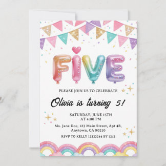 Invitation Glitter FIVE Girly Rainbow Sequin 5th Birthday