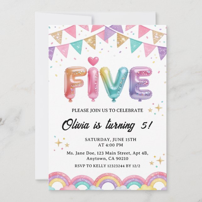 Invitation Glitter FIVE Girly Rainbow Sequin 5th Birthday (Devant)