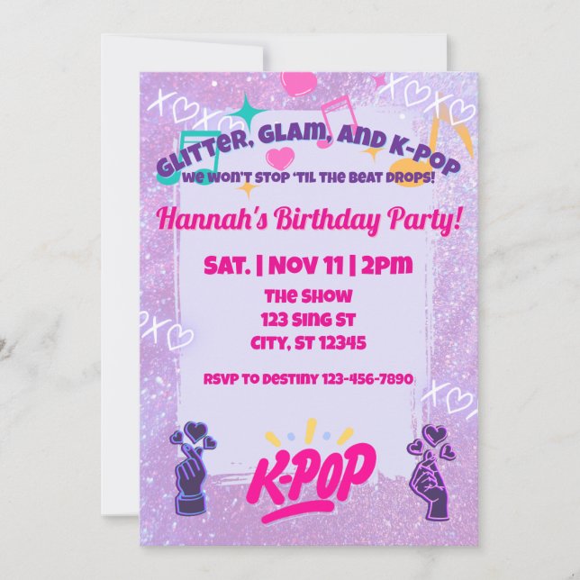 Invitation Glitter, Glam, & K-Pop Birthday Party (Devant)