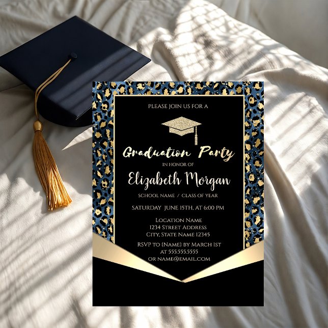 Invitation Glitter Grad Cap,Glitter Blue Leopard Graduation  (Créateur téléchargé)