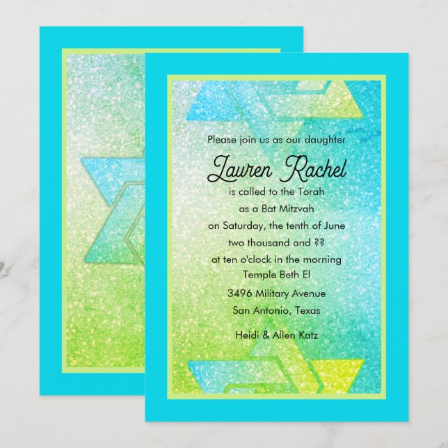 Invitation Glitter Gradient Bat Mitzvah Turquoise  (Devant / Derrière)