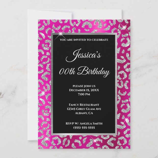 Invitation Glitter Léopard Argent Rose Chaud Anniversaire (Devant)