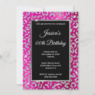 Invitation Glitter Léopard Argent Rose Chaud Anniversaire