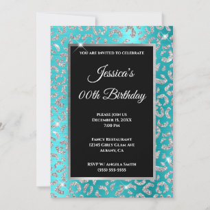 Invitation Glitter Léopard Argent Turquoise Bleu Anniversaire
