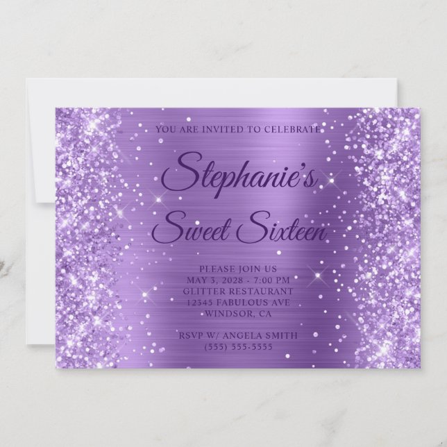 Invitation Glitter Lumière violet huile Sweet sixteen Monogra (Devant)