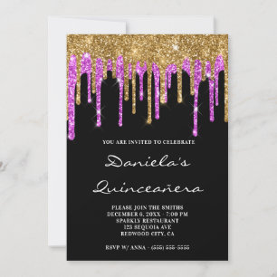 Invitation Glitter Magenta Paillettes Dorées sur Fond Noir po