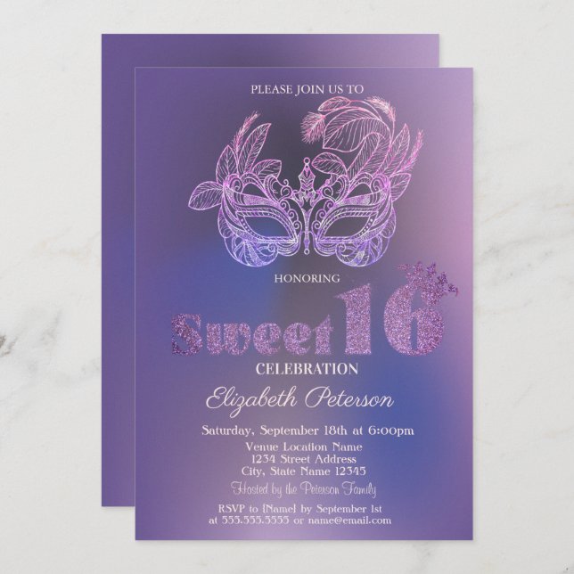 Invitation Glitter Mask Violet  Sweet 16 (Devant / Derrière)