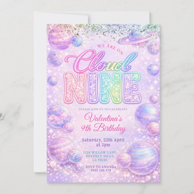 Invitation Glitter Pastel Rainbow Space Birthday Party (Devant)