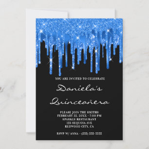 Invitation Glitter profond bleu paillettes noires Quinceañera