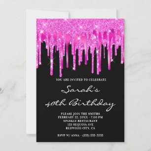 Invitation Glitter Rose Chaud Drips Feuille Noire 40e Anniver