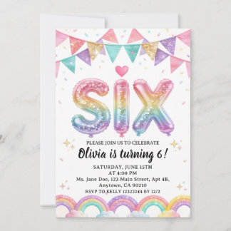 Invitation Glitter SIX Girly Rainbow Sequin 6th Birthday
