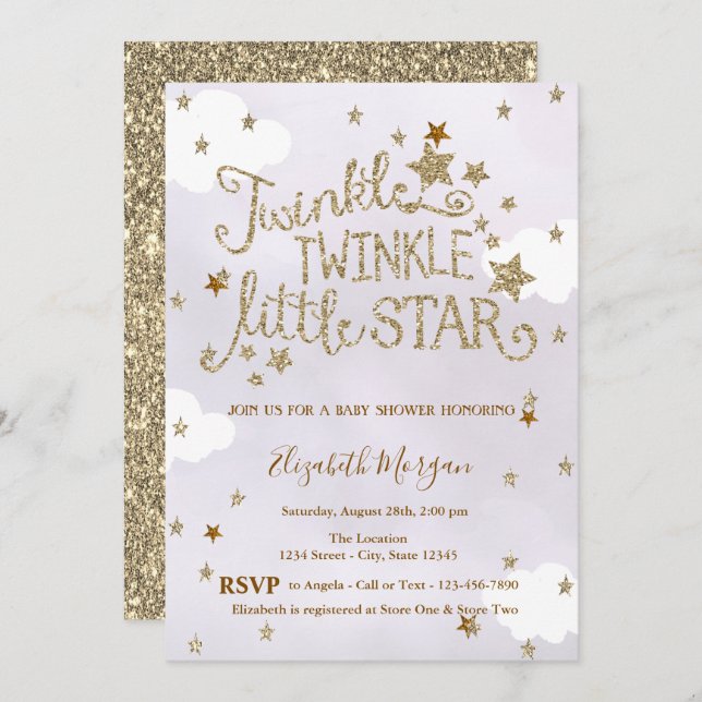Invitation Glitter Twinkle Little Star Lavender Baby Shower (Devant / Derrière)