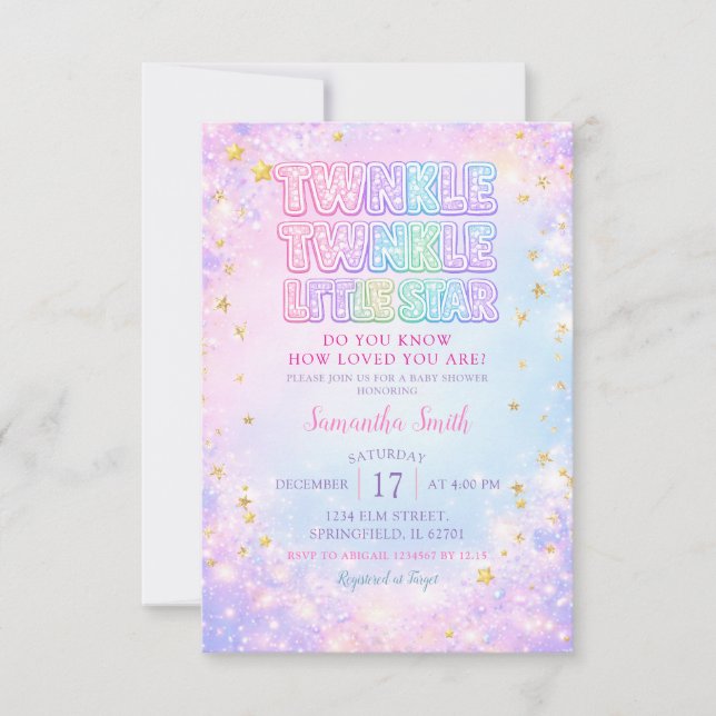 Invitation Glitter Twinkle Twinkle Little Star Baby Shower (Devant)