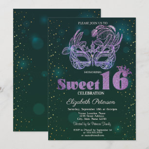Invitation Glitter Violet Masque Vert Sweet 16 