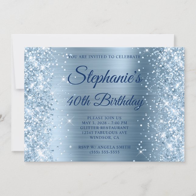 Invitation Glitterie Bleu clair Huile Monogramme 40e annivers (Devant)