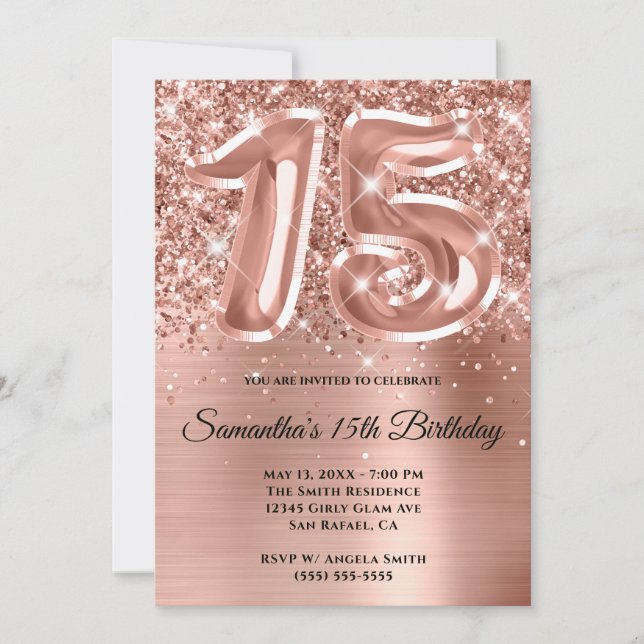Invitation Glitterie brillant Rose or 15e anniversaire (Devant)