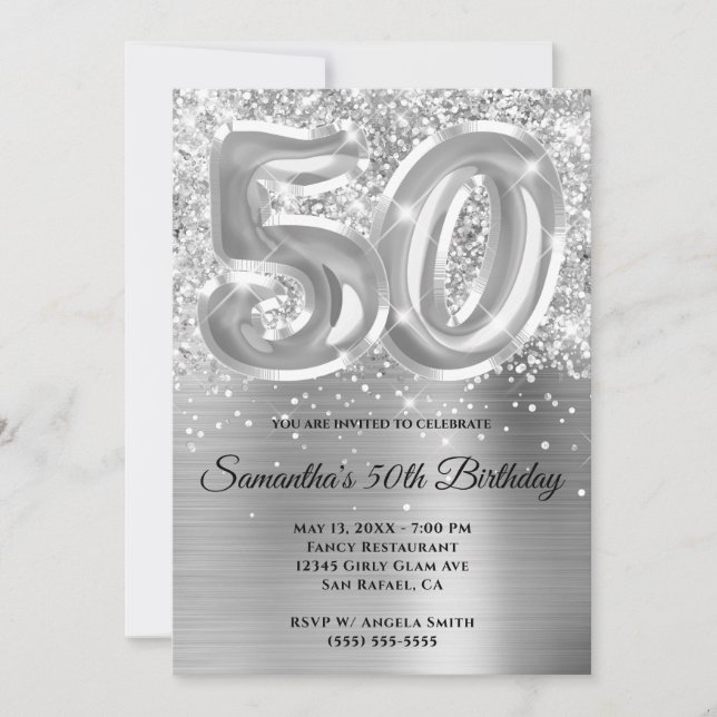 Invitation Glitterie brillante en argent 50e anniversaire (Devant)