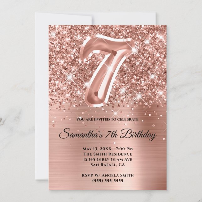 Invitation Glitterie brillante Rose or glam 7e anniversaire (Devant)