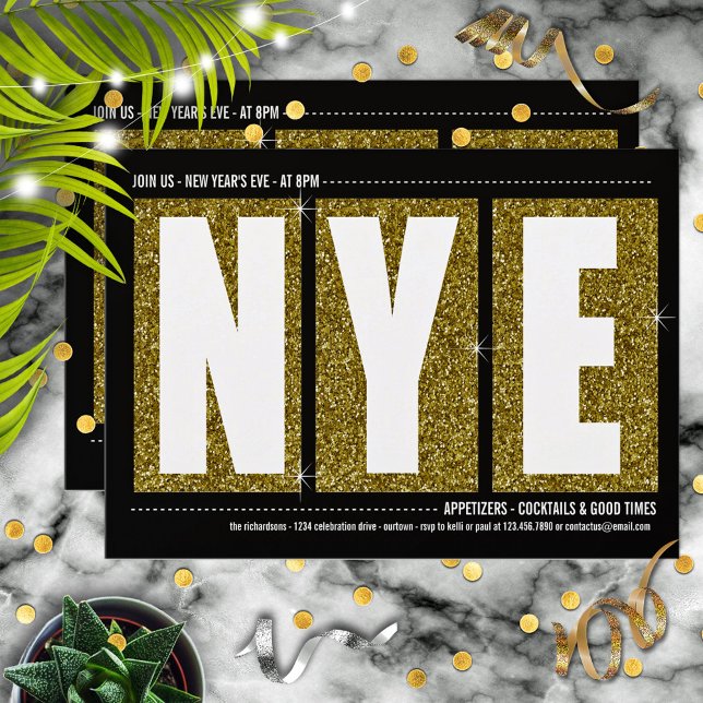 Invitation Glitterie d'or Soirée Cocktail de la Soirée du Nou (Créateur téléchargé)