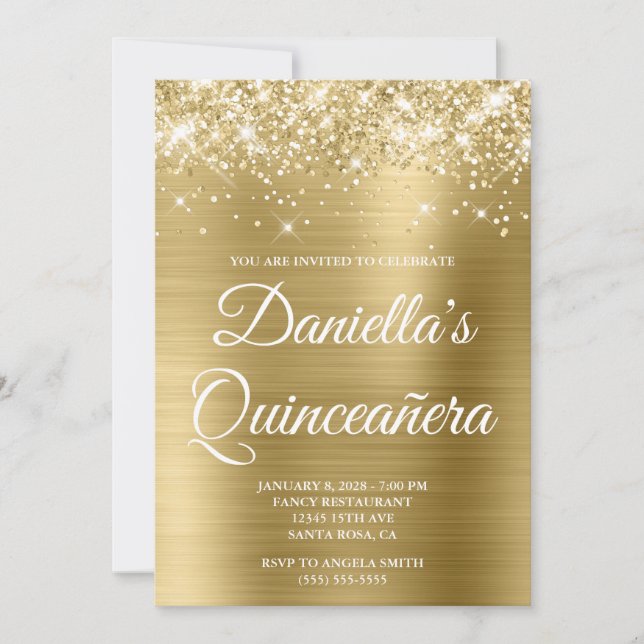 Invitation Glitterie étincelante Pale Gold Foil Quinceañera (Devant)