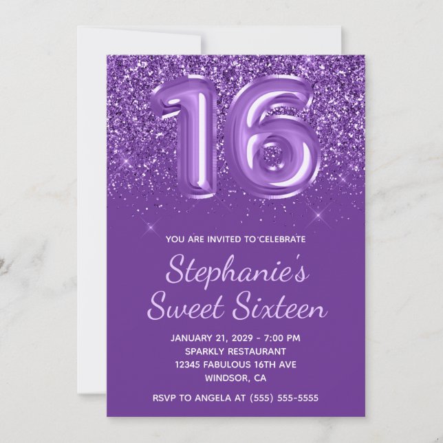Invitation Glitterie étincelante Royal pourpre Numéro 16 Anni (Devant)