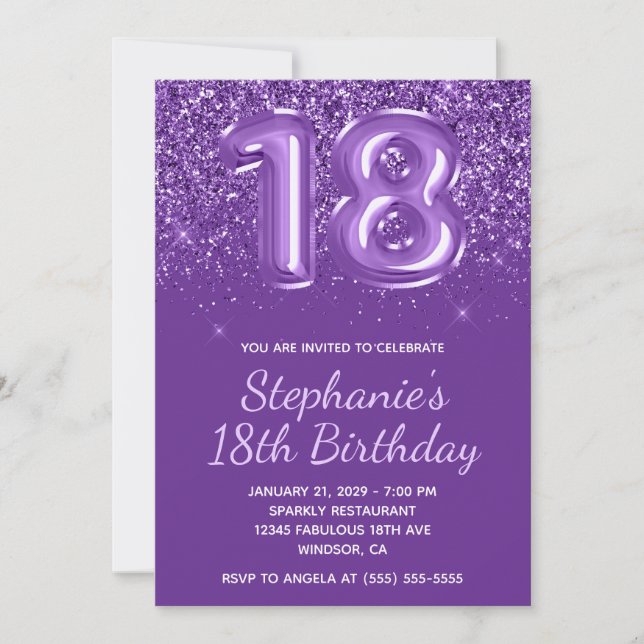 Invitation Glitterie étincelante Royal Purple Numéro 18 Anniv (Devant)