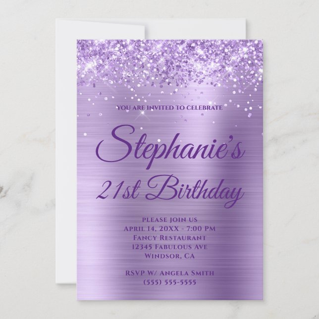 Invitation Glitterie Lumière Violet Ombre Foil 21e anniversai (Devant)