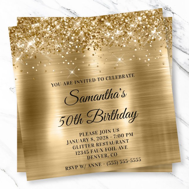 Invitation Glitterie Or Huile métallique Look 50e anniversair (Glittery Gold Metallic Foil Look 50th Birthday Invitation)