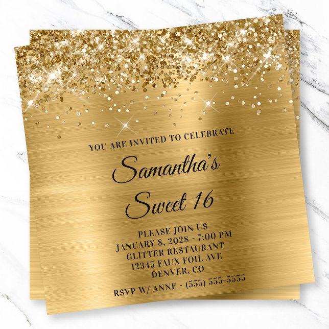 Invitation Glitterie or métal look doux 16 (Glittery Gold Metallic Look Sweet 16 Invitation)