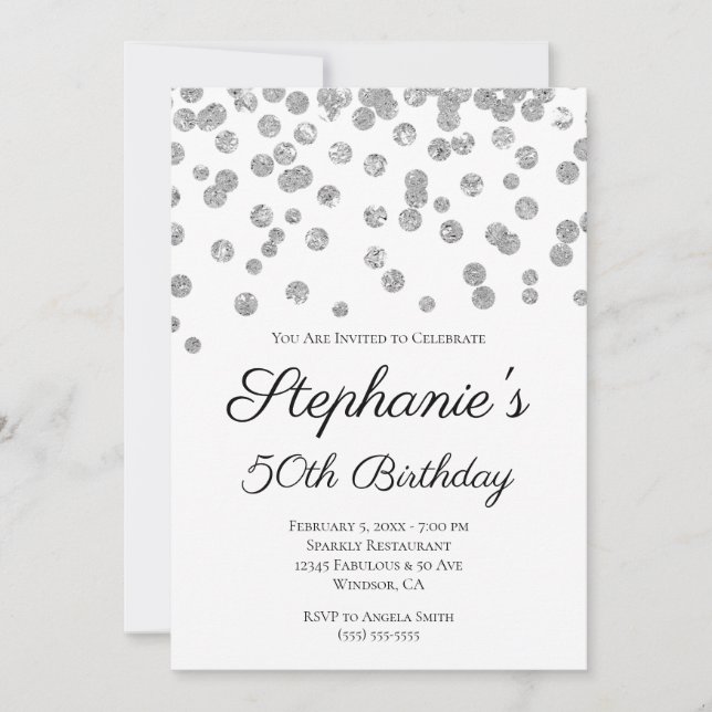 Invitation Glittery Argent Confetti Élégant 50e anniversaire (Devant)