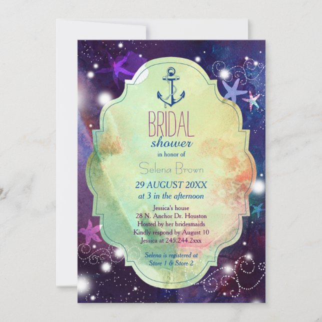 Invitation Glittery Beach Starfish Fête des mariées nautique (Devant)