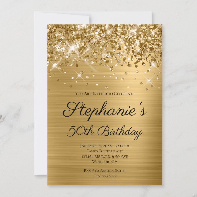 Invitation Glittery Gold Foil Script élégant 50e anniversaire (Devant)