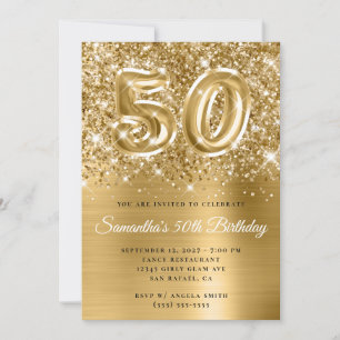 Invitation Glittery Gold Glam Numéro 50e anniversaire