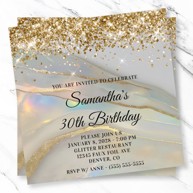 Invitation Glittery Gold Marbled Opal 30e anniversaire (Glittery Gold Marbled Opal 30th Birthday Invitation)