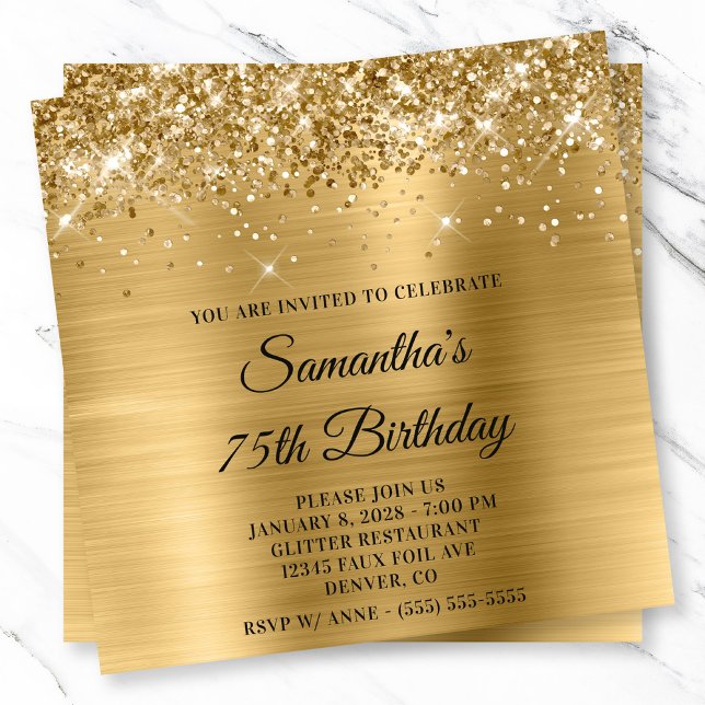 Invitation Glittery Gold Metallic Look 75e anniversaire (Glittery Gold Metallic Look 75th Birthday Invitation)