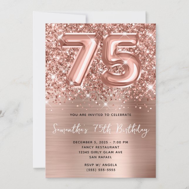 Invitation Glittery Rose Gold Balloon Glam 75e anniversaire (Devant)