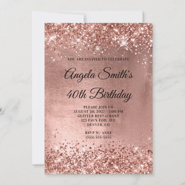Invitation Glittery Rose Gold brillant Foil 40e anniversaire (Devant)