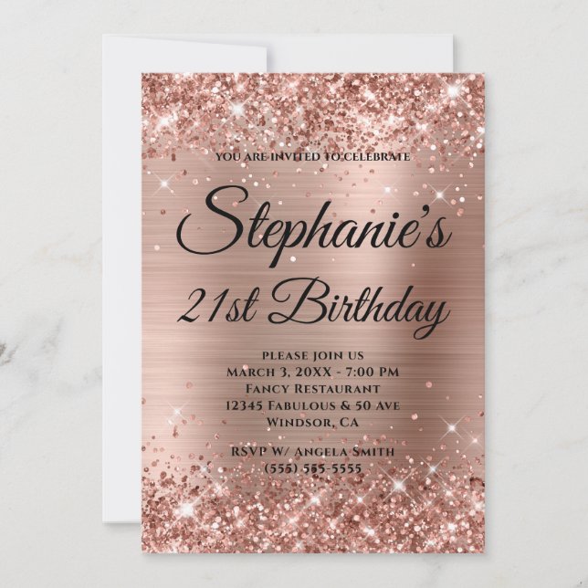 Invitation Glittery Rose Gold Fancy Monogramme 21e anniversai (Devant)