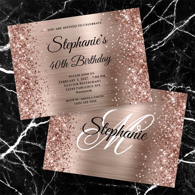 Invitation Glittery Rose Gold Fancy Monogramme 40e anniversai (Créateur téléchargé)