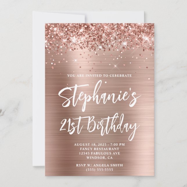 Invitation Glittery Rose Gold Foil Bold 21e anniversaire (Devant)