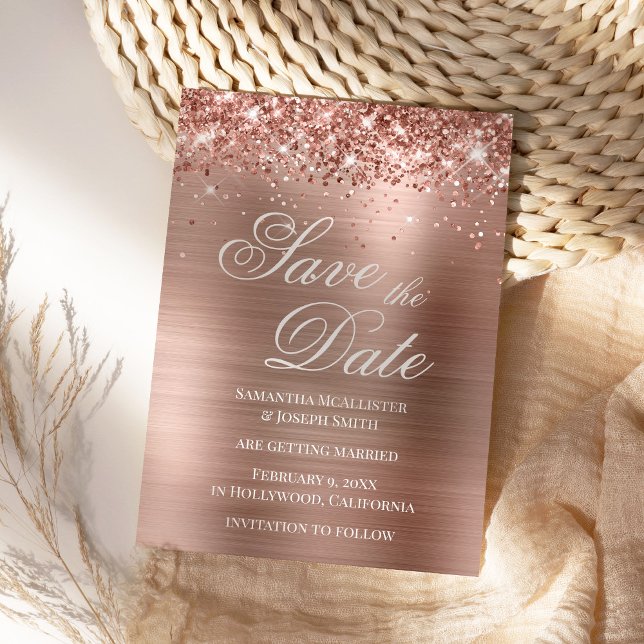 Invitation Glittery Rose Gold Foil Enregistrer la date (Rose Gold Glitter Modern Save the Date)