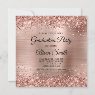 Invitation Glittery Rose Gold Foil Monogramme Partie de gradu