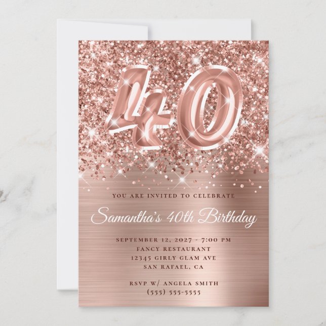 Invitation Glittery Rose Gold Glam Numéro 40e anniversaire (Devant)