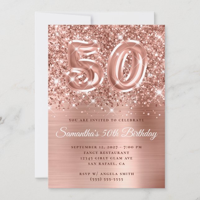 Invitation Glittery Rose Gold Glam Numéro 50e anniversaire (Devant)