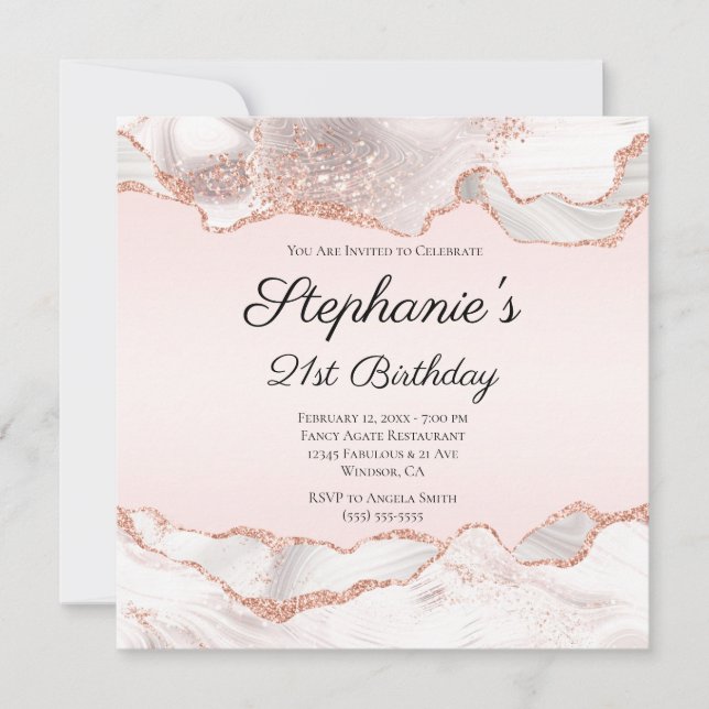 Invitation Glittery Rose Gold White Agate Blush 21e anniversa (Devant)